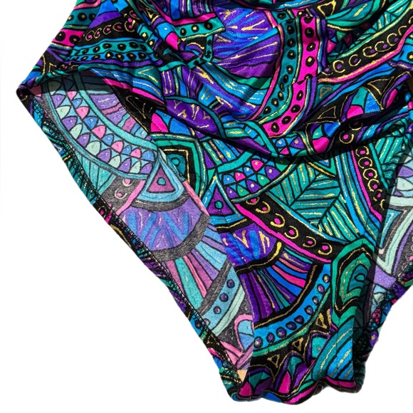 Vtg Catalina Abstracted Ruched Swimsuit Faux Wrap USA Teal Gold Paisley - Picture 5 of 9